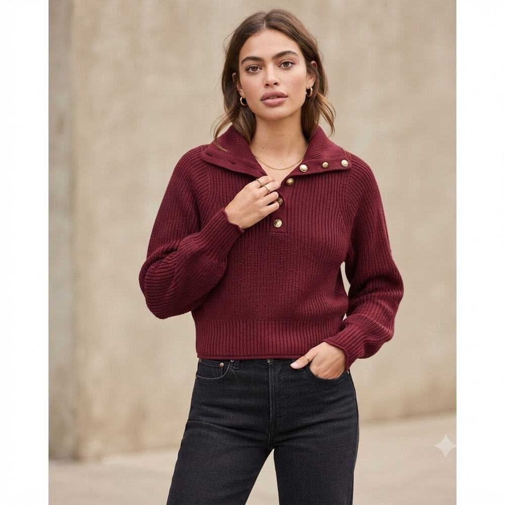 JCrew Ribbed Cotton Sweater Women M Gold Crest Button Collar Relaxed Red Holiday